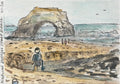 Watercolor and ink sketch of Natural Bridges State Beach showing the rock arch, ocean, and figures on the beach