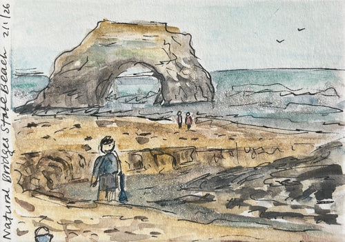 Watercolor and ink sketch of Natural Bridges State Beach showing the rock arch, ocean, and figures on the beach