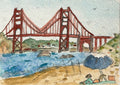 Watercolor and colored pencil sketch of the Golden Gate Bridge from Baker Beach with sunbathers in the foreground