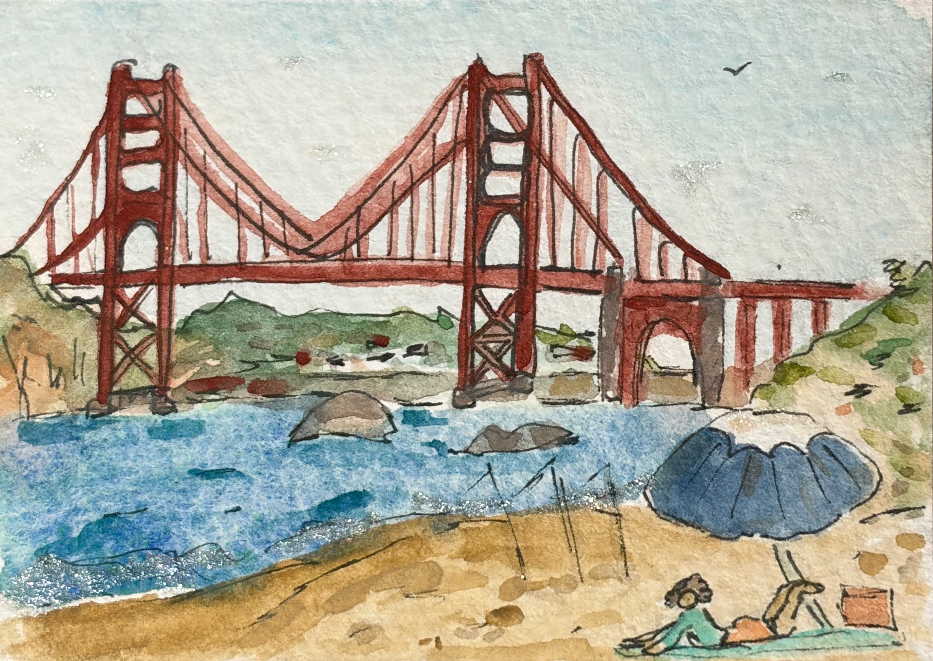Watercolor and colored pencil sketch of the Golden Gate Bridge from Baker Beach with sunbathers in the foreground