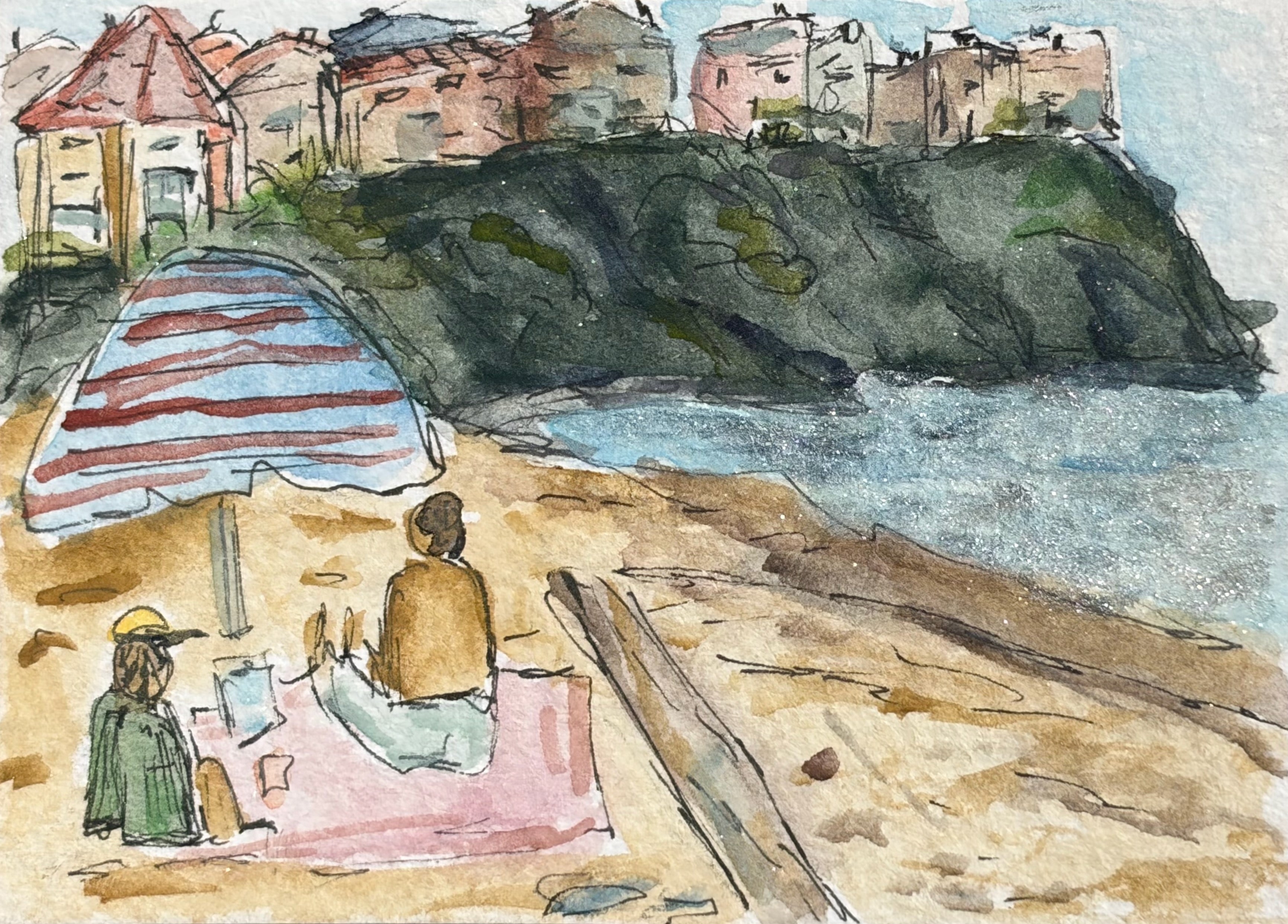 Watercolor sketch of two figures relaxing under a striped umbrella at Baker Beach with rocky cliffs and buildings in the background