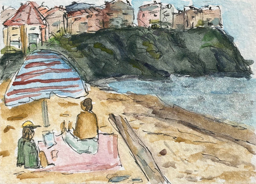 Watercolor sketch of two figures relaxing under a striped umbrella at Baker Beach with rocky cliffs and buildings in the background