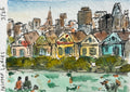 Watercolor and ink sketch of the Painted Ladies Victorian houses at Alamo Square with the San Francisco skyline in the background