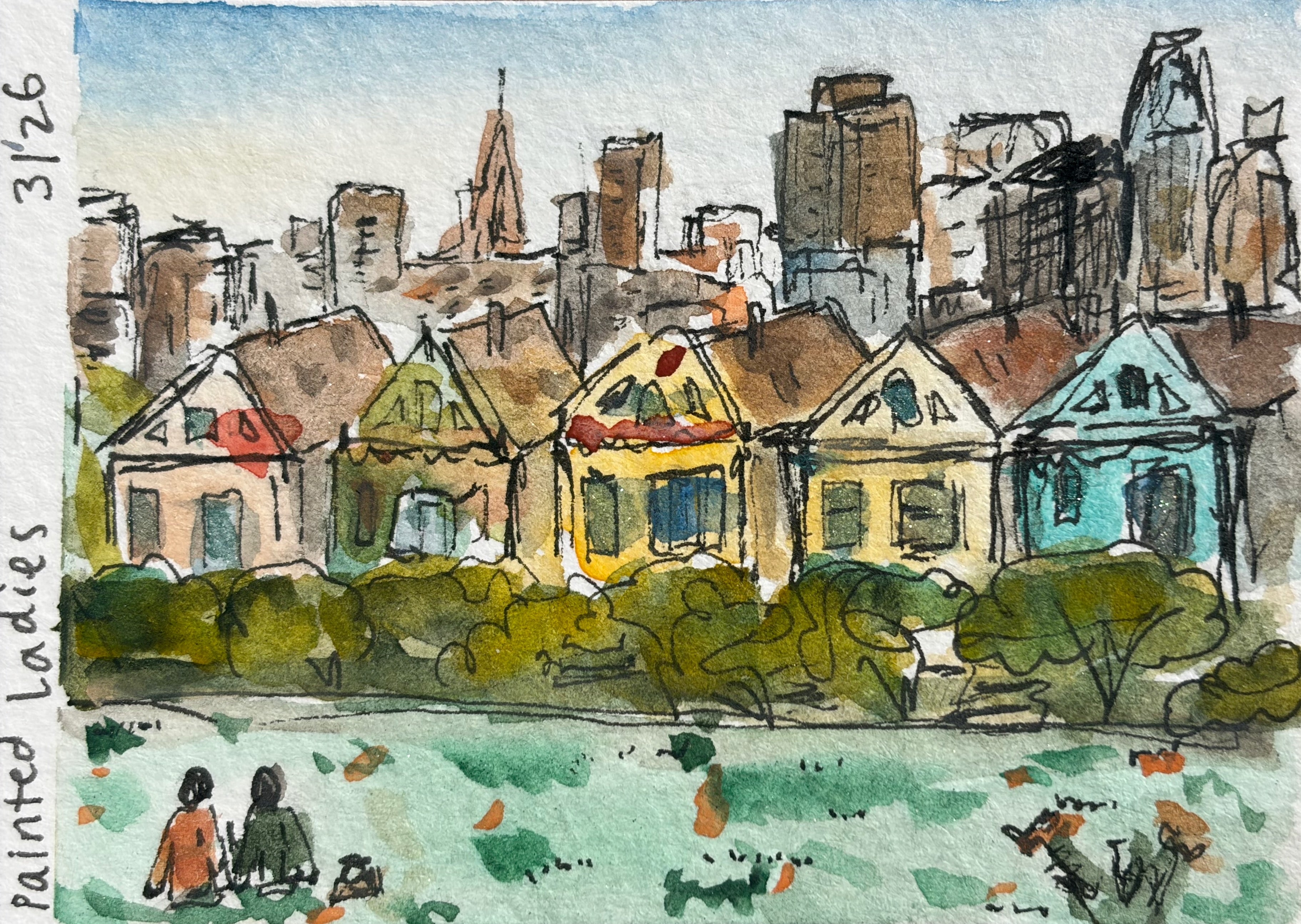 Watercolor and ink sketch of the Painted Ladies Victorian houses at Alamo Square with the San Francisco skyline in the background