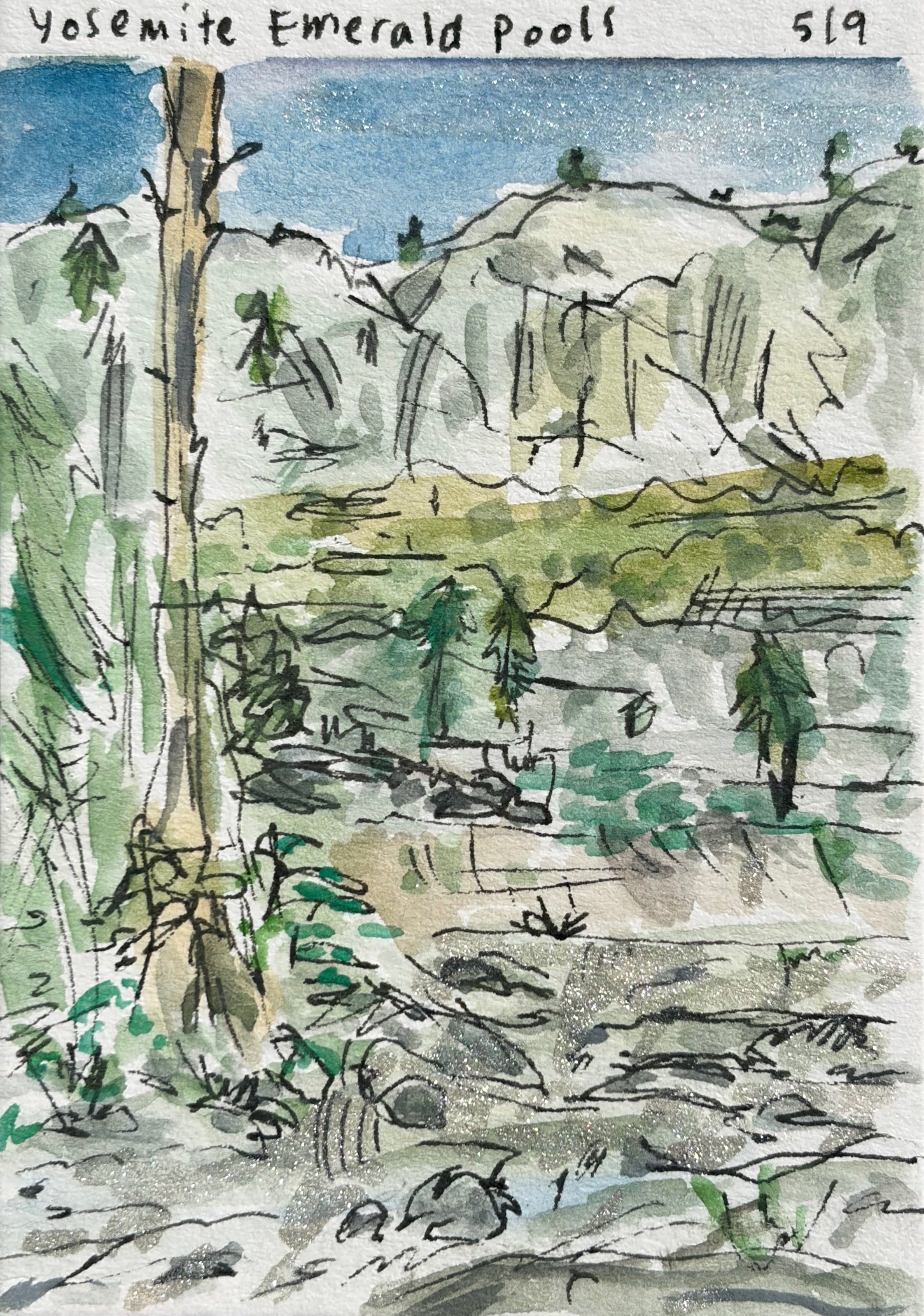 Watercolor and ink sketch of Yosemite Emerald Pools with granite domes, pine trees, and still water