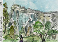 Watercolor and ink sketch of El Capitan in Yosemite with a lone figure standing below the massive granite wall surrounded by pine trees