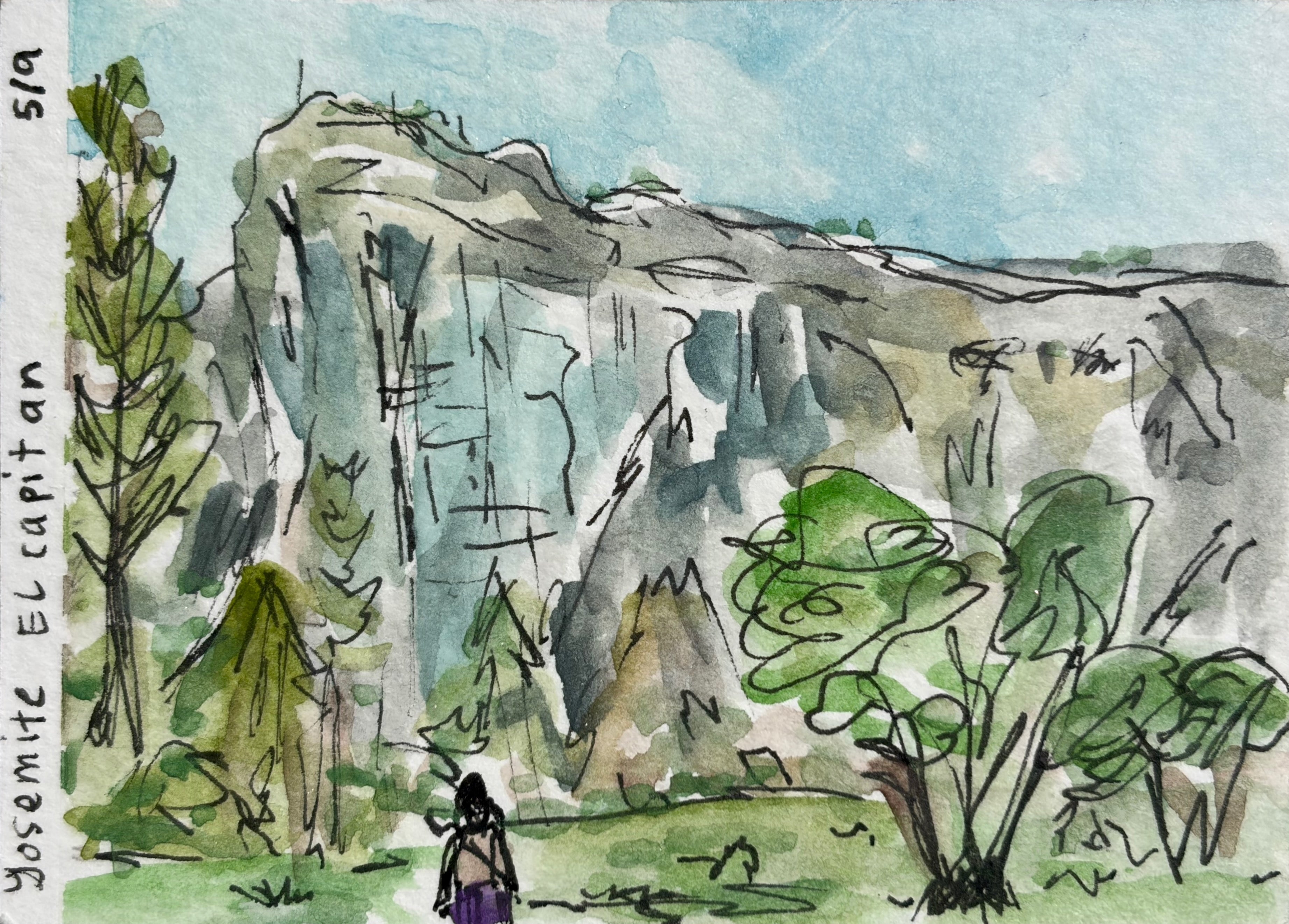 Watercolor and ink sketch of El Capitan in Yosemite with a lone figure standing below the massive granite wall surrounded by pine trees