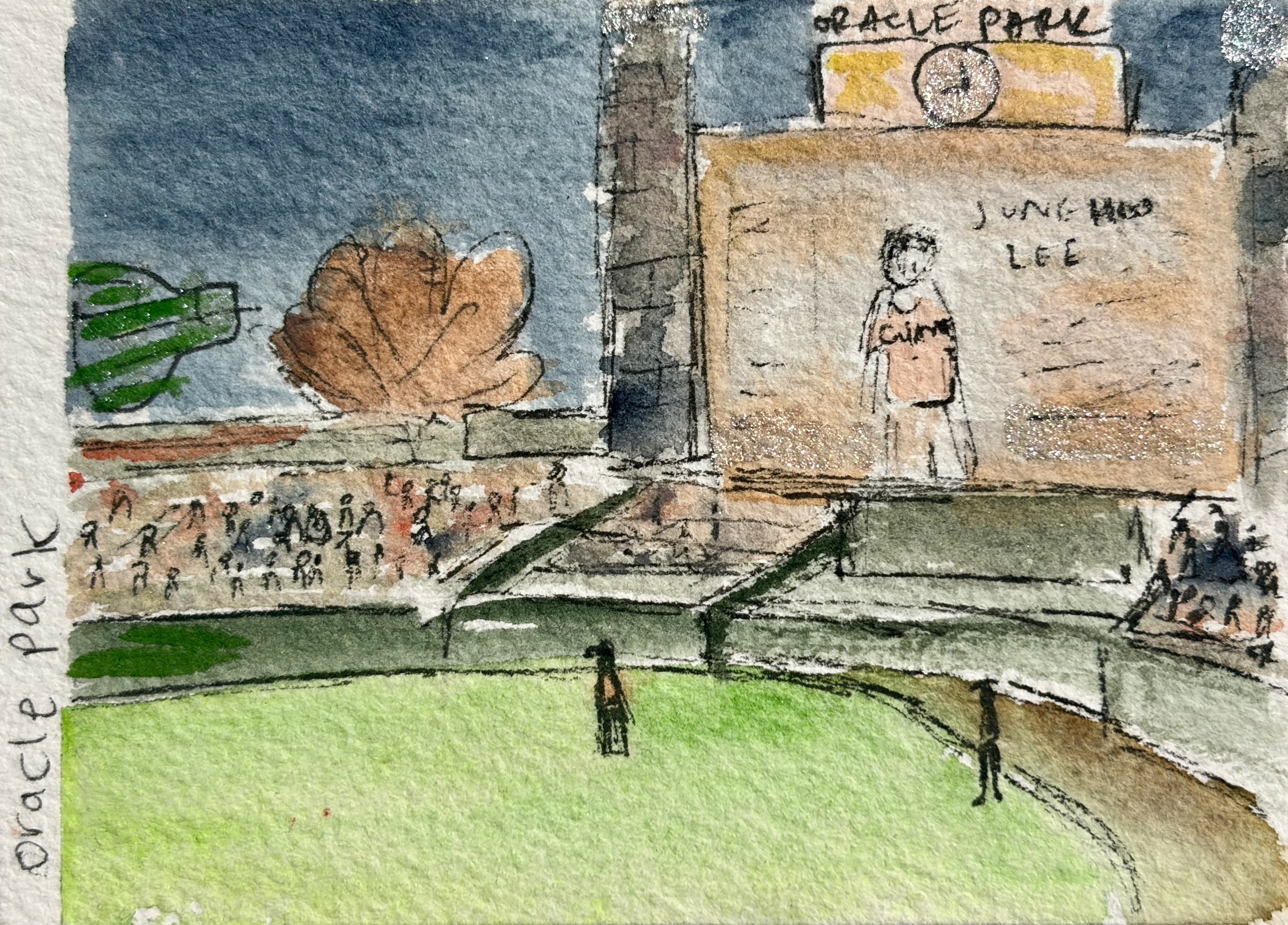 Watercolor and ink sketch of Oracle Park with the scoreboard showing Jung Hoo Lee, fans in the stands, and the green baseball field