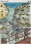 Watercolor and ink sketch of a Yosemite waterfall cascading over granite rocks viewed from a wooden railing platform