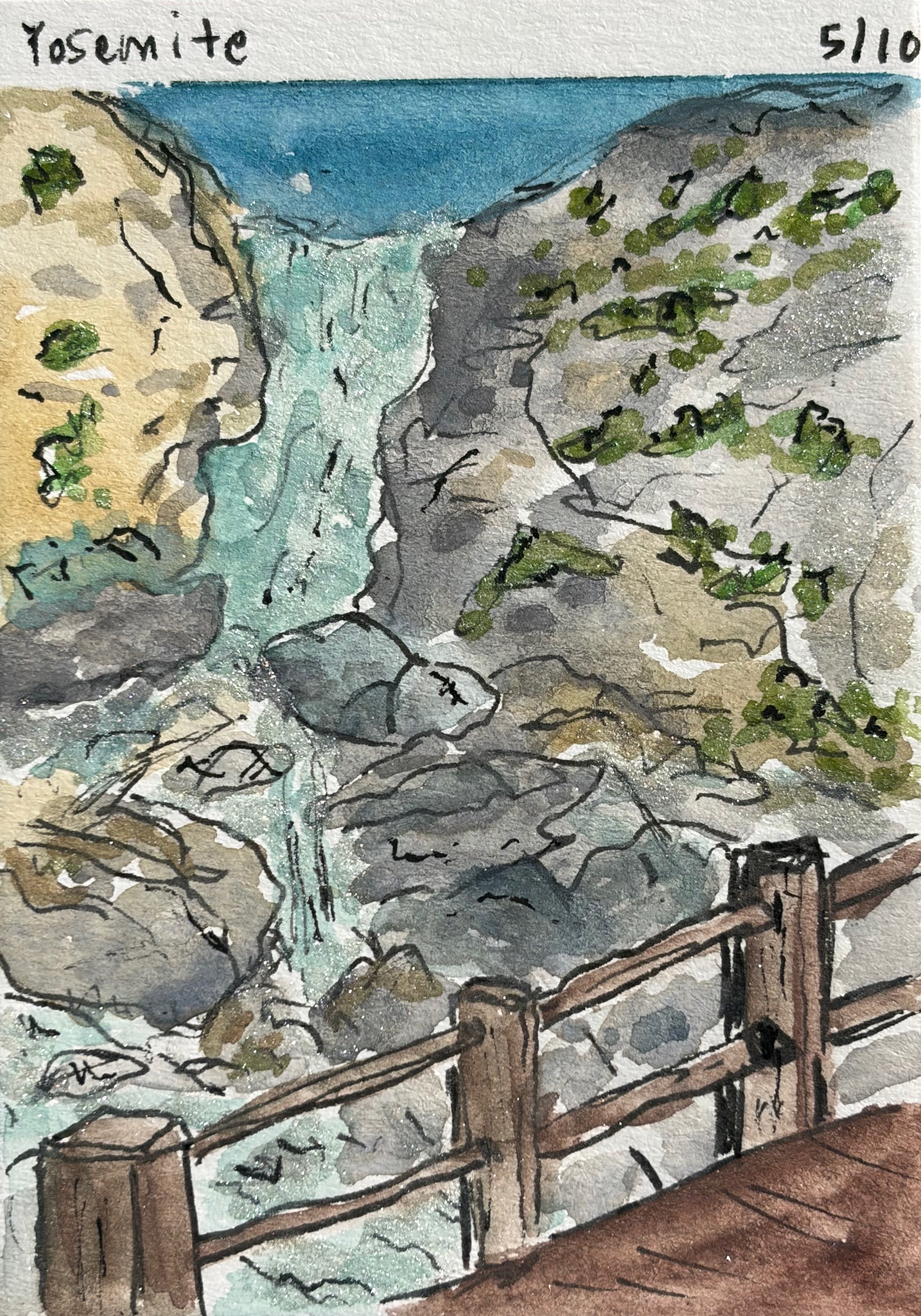 Watercolor and ink sketch of a Yosemite waterfall cascading over granite rocks viewed from a wooden railing platform